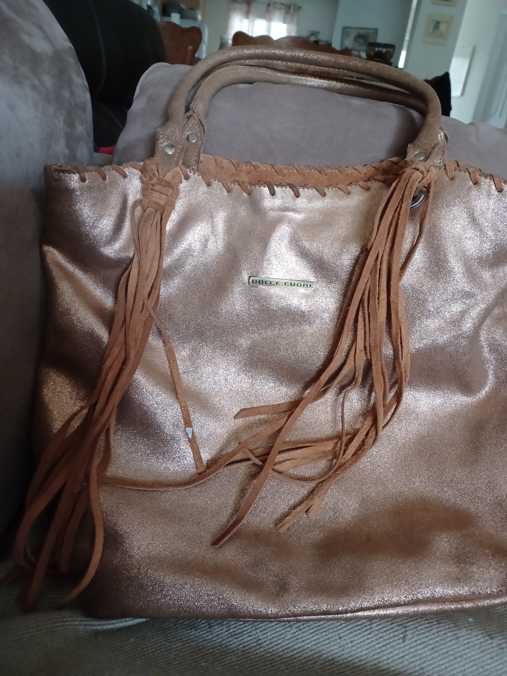 Metallic Rose Gold Fringe Tote